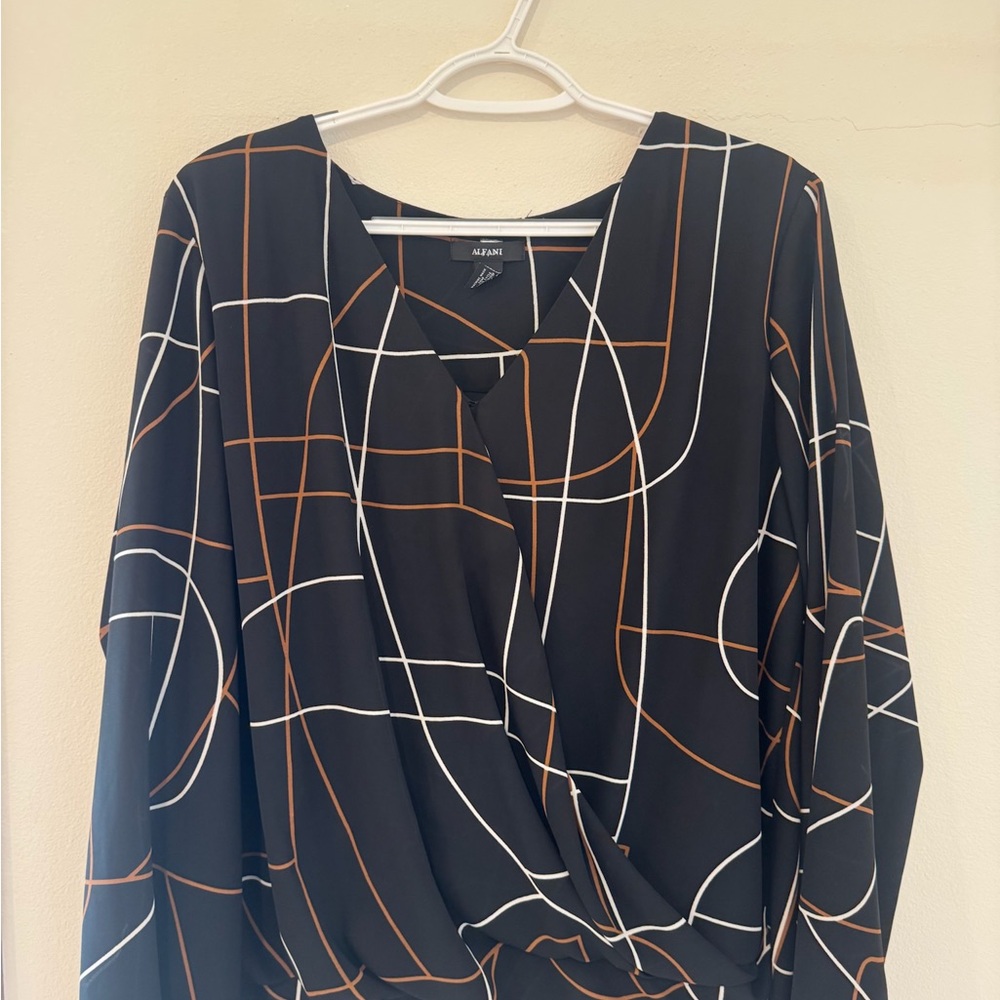 Alfani Black Blouse with White and Orange Geometric Design